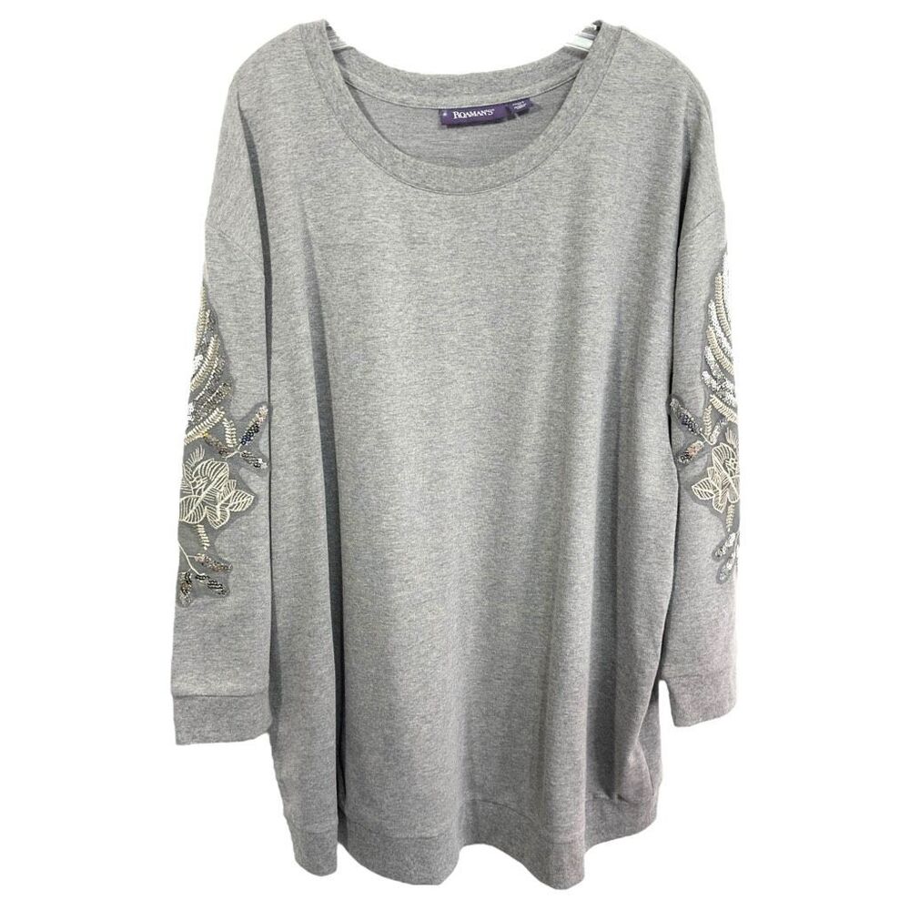 Roamans Plus Size 22W 24W Top 1X Gray Knit Sequin Embroidered Silver Sleeves 648